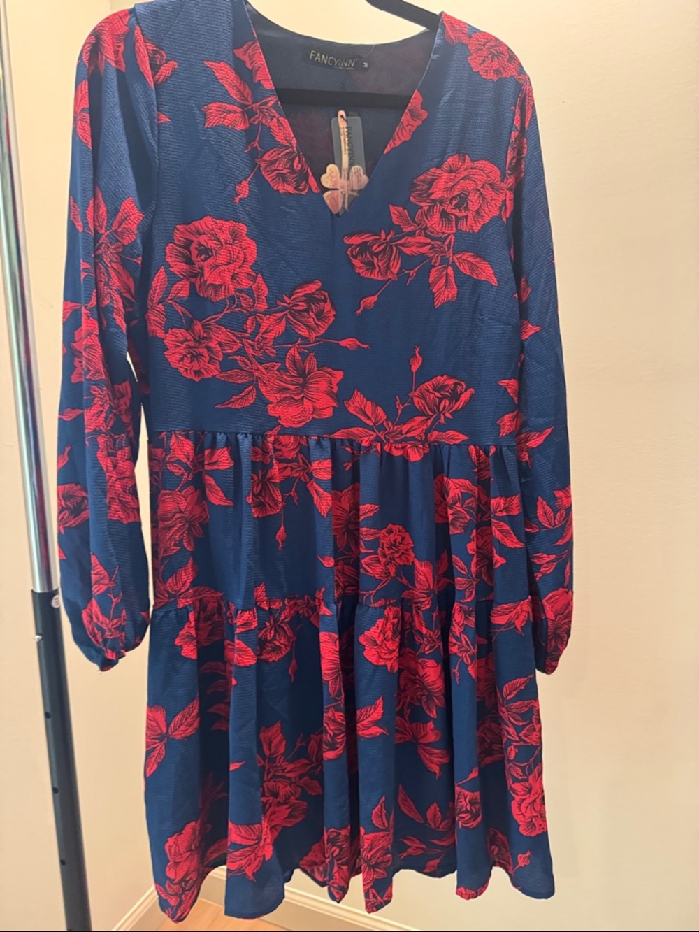 Fancyinn Navy Blue Dress with Red Floral Print